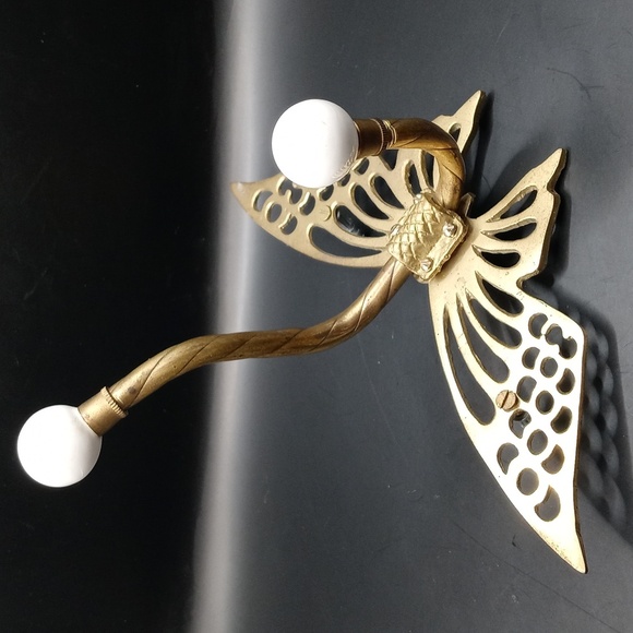Vintage Brass Butterfly Wall Hook with White Ceramic Knobs - Picture 3 of 5